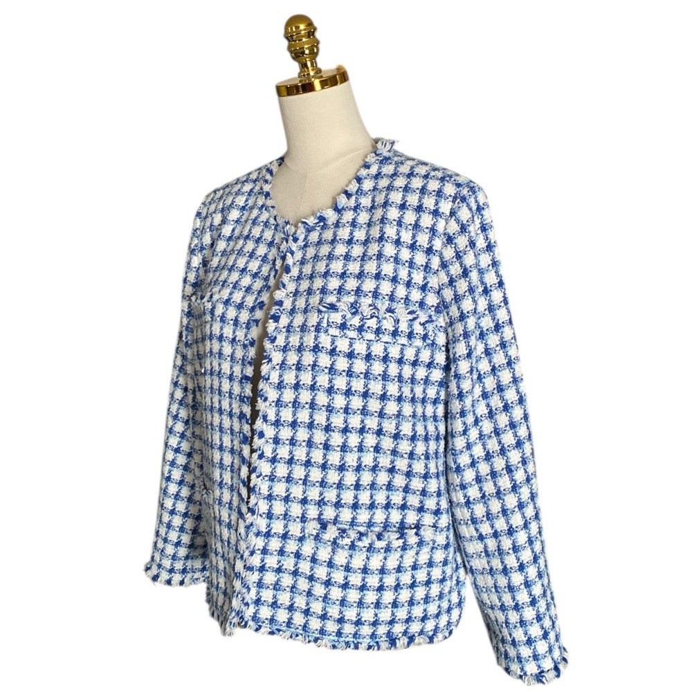 Ann Taylor Women Blue White Plaid Classic Tweed Fringe Trim Office Blazer Sz 16 - Picture 5 of 10